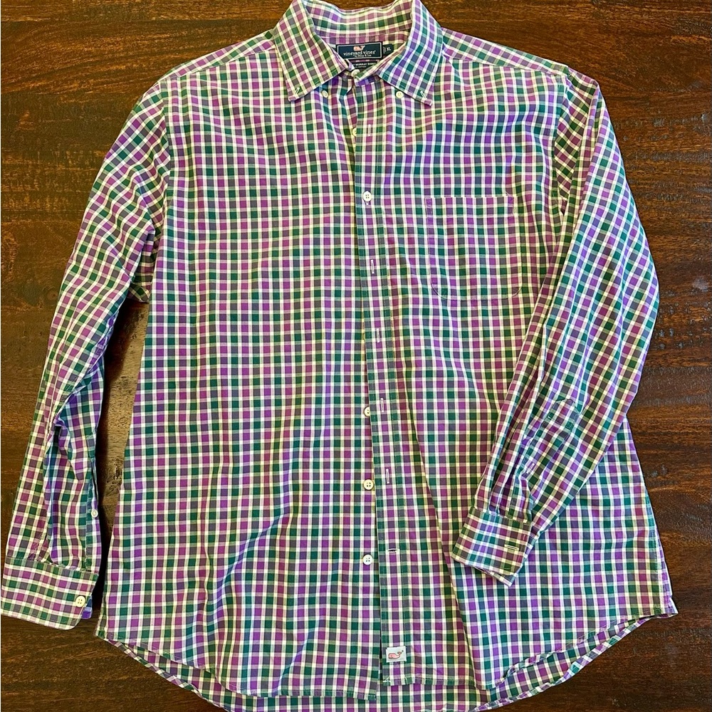 Vineyard Vines Men's Checkered Shirt - Purple and Green